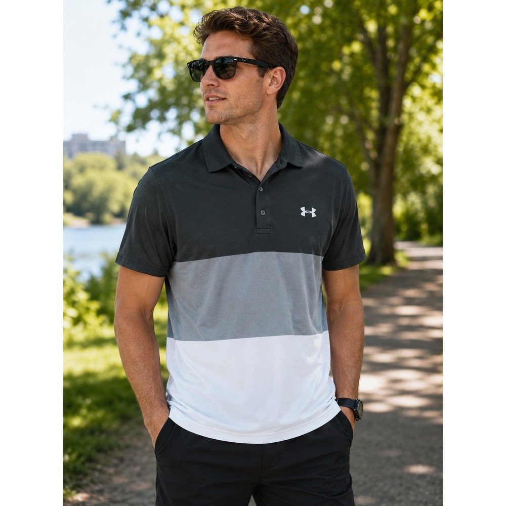 Under Armour Mens Size XL Playoff Polo Shirt Black Gray White Colorblock Golf